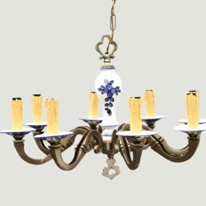 Vintage 8-arm Chandelier With A Delft-style Porcelain Base