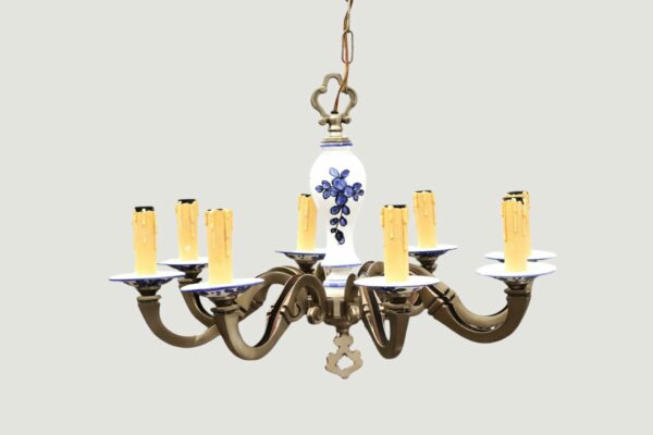 Vintage 8-arm Chandelier With A Delft-style Porcelain Base
