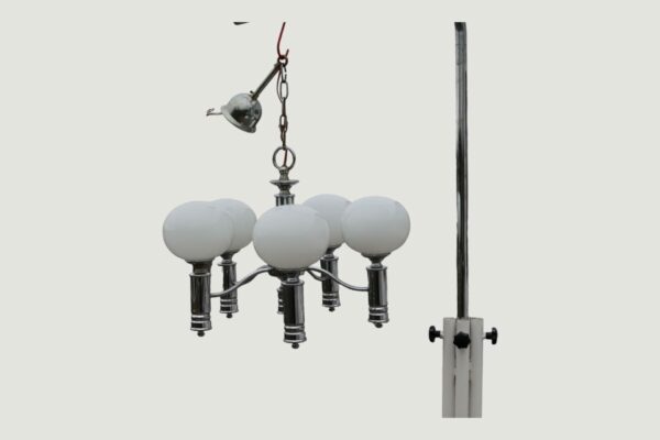 Retro 5-arm Chrome Chandelier With White Glass Globes - Image 3
