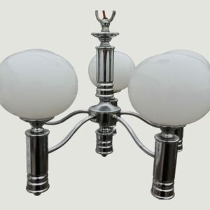 Retro 5-arm Chrome Chandelier With White Glass Globes