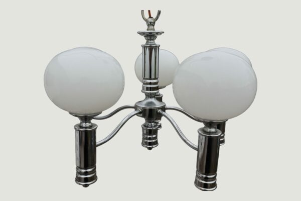 Retro 5-arm Chrome Chandelier With White Glass Globes
