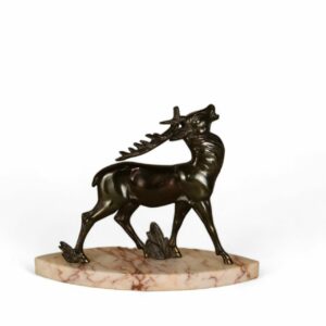 French Art Deco Stag Statue on Marble Base