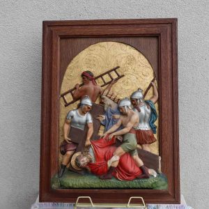 Antique Station of the Cross Hand-Painted in Plaster Framed in Oak