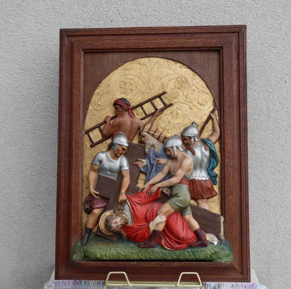 Antique Station of the Cross Hand-Painted in Plaster Framed in Oak