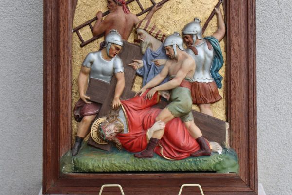 Antique Station of the Cross Hand-Painted in Plaster Framed in Oak - Image 2