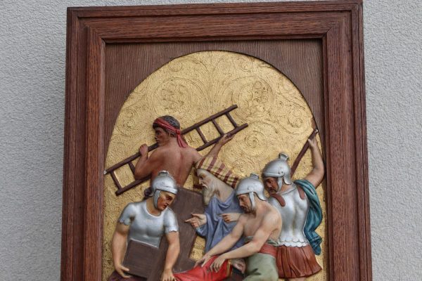 Antique Station of the Cross Hand-Painted in Plaster Framed in Oak - Image 3