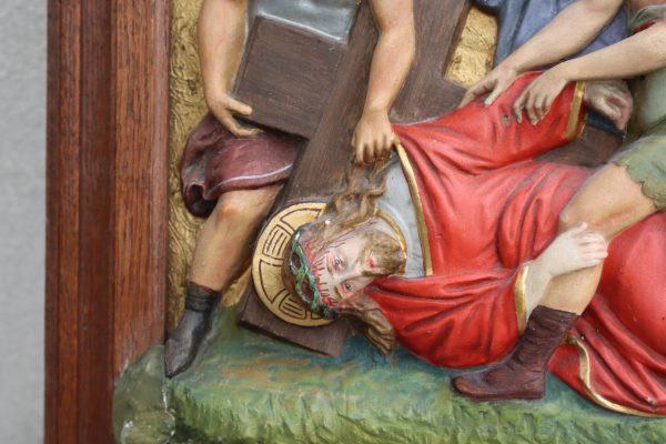 Antique Station of the Cross Hand-Painted in Plaster Framed in Oak - Image 4