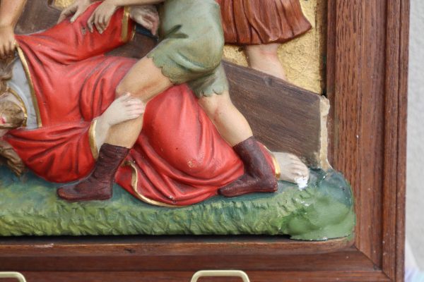 Antique Station of the Cross Hand-Painted in Plaster Framed in Oak - Image 5