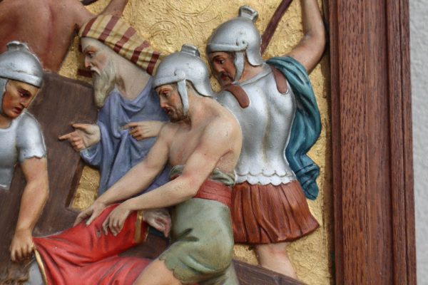 Antique Station of the Cross Hand-Painted in Plaster Framed in Oak - Image 6