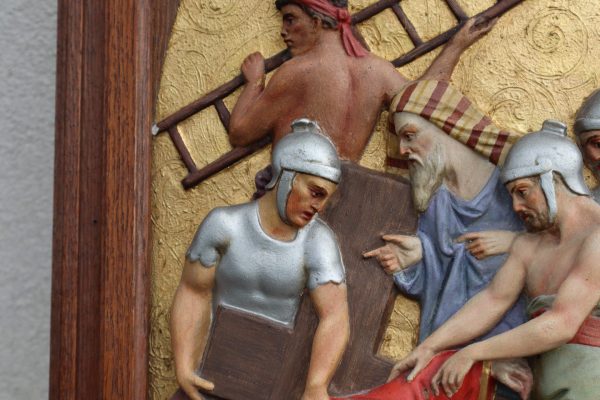 Antique Station of the Cross Hand-Painted in Plaster Framed in Oak - Image 8