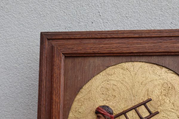 Antique Station of the Cross Hand-Painted in Plaster Framed in Oak - Image 7