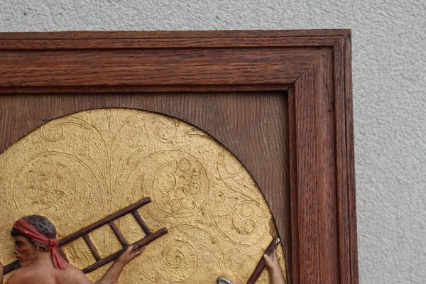 Antique Station of the Cross Hand-Painted in Plaster Framed in Oak - Image 9