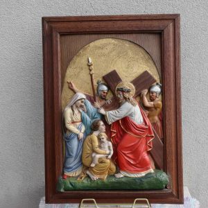 Antique Station of the Cross Hand-Painted in Plaster Framed in Oak