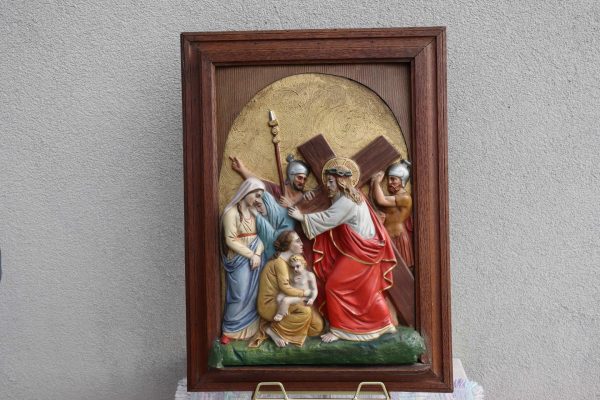 Antique Station of the Cross Hand-Painted in Plaster Framed in Oak