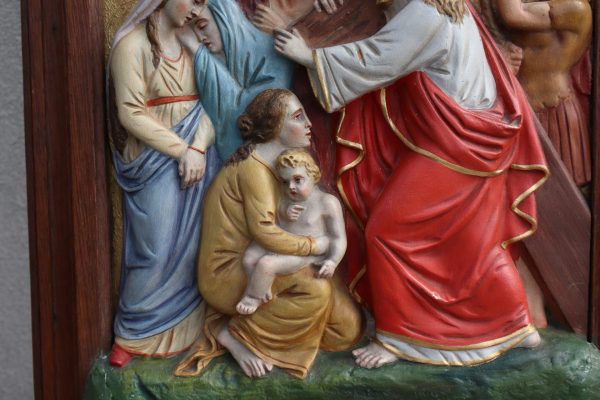 Antique Station of the Cross Hand-Painted in Plaster Framed in Oak - Image 8
