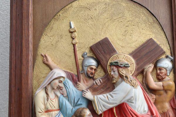 Antique Station of the Cross Hand-Painted in Plaster Framed in Oak - Image 7