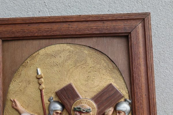 Antique Station of the Cross Hand-Painted in Plaster Framed in Oak - Image 5