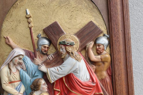 Antique Station of the Cross Hand-Painted in Plaster Framed in Oak - Image 4