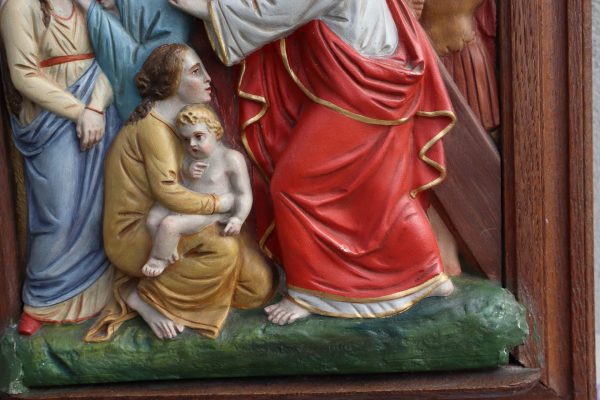 Antique Station of the Cross Hand-Painted in Plaster Framed in Oak - Image 3