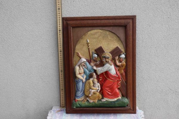 Antique Station of the Cross Hand-Painted in Plaster Framed in Oak - Image 2