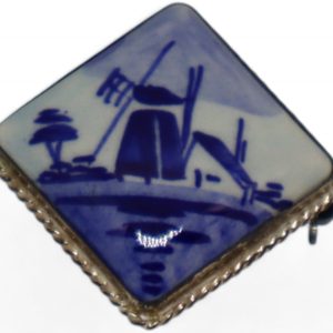 Vintage Ceramic Deft Brooch Framed in Silver Signed