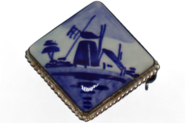 Vintage Ceramic Deft Brooch Framed in Silver Signed